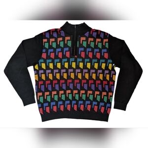Vintage 90s St Croix Sweater, Black Rainbow Color Block, 1/4 zip LARGE 46" USA